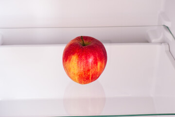 Single red apple on shelf in fridge.