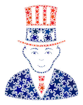 Uncle Sam mosaic of stars in various sizes and color tints. Uncle Sam illustration uses American official blue and red colors of Democratic and Republican political parties, and star parts.