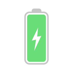 Full battery icon. Charged phone battery with lightning bolt icon. 100% Battery icon isolated on white background. Vector illustration