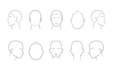 Head guidelines for barbershop, haircut salon, fashion. Lined human head in different angles isolated on white background. Adult human outline faces. Set of 10 human head icons. Vector illustration