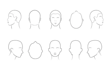 Poster Head guidelines for barbershop, haircut salon, fashion. Lined human head in different angles isolated on white background. Adult human outline faces. Set of 10 human head icons. Vector illustration © InvisionFrameStudio