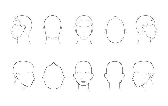 Head guidelines for barbershop, haircut salon, fashion. Lined human head in different angles isolated on white background. Adult human outline faces. Set of 10 human head icons. Vector illustration