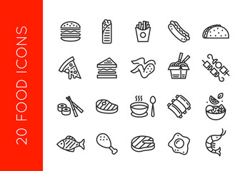 Food icons. Set of 20 food trendy minimal icons. Burger, ribs, fries, taco icon etc. Design signs for cafe, restaurant menu, web page, mobile app, logo, banner, packaging design. Vector illustration