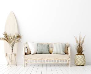 Wall mock up in white simple interior with wooden furniture, Scandi-Boho style, 3d render © artjafara