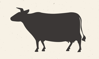 Cow icon. Black cow silhouette isolated on a light background. The farm animal designed for emblems, badges, posters. Vector illustration