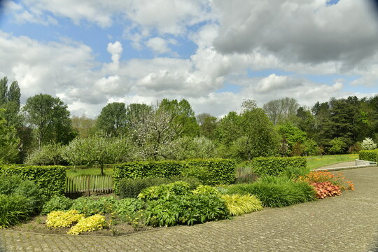 Parterre de fleurs le long d'une all&eacute;e pav&eacute;e au Jardin Jean Sobieski &agrave; Laeken 