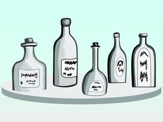 vector drawing depicting a set of bottles for alcohol in gray tones for the decoration of commercial premises and use in other illustrations on the relevant topic