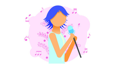 Abstract Flat Woman Singing With Microphone Cartoon People Character Concept Illustration Vector Design Style With Leaves Song Festival Concert Performance