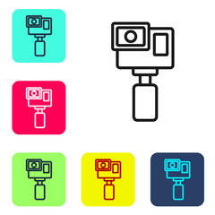 Black line Action extreme camera icon isolated on white background. Video camera equipment for filming extreme sports. Set icons in color square buttons. Vector