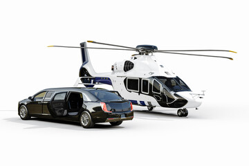 3d render of luxury limousine and private helicopter in white background - obrazy, fototapety, plakaty