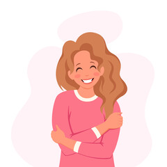 Love yourself. Woman hugging herself. Vector illustration
