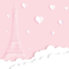 Fototapeta na wymiar Illustration Eiffel tower landmarks of paris. Paper cut style. Silhouette of Eiffel tower and clouds. Vector illustration.