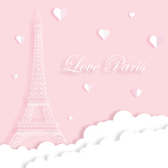 Fototapeta na wymiar llustration of travel in Paris with Eiffel tower and white clouds. Vector paper cut illustration. Pink background. Hearts.