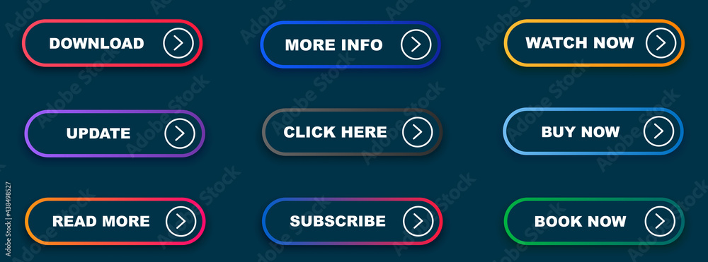 Poster set of vector modern material style buttons. different gradient colors and icons on rectangular form