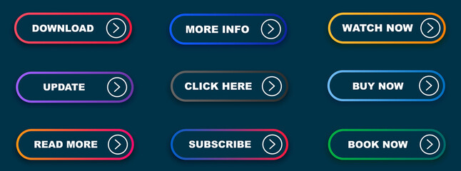 Set of vector modern material style buttons. Different gradient colors and icons on rectangular forms with shadows.