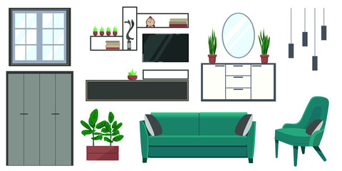set of furniture: shelves, TV, indoor flowers, drawer. Furniture for the living room or room, fonts. Vector stock illustration. isolated white background. interior accessories