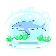 Cartoon predatory shark. Wild sea animal. Stylized character in the location of the sea or ocean. simplified style. Vector stock illustration. educational card for children. Wildlife. aquarium
