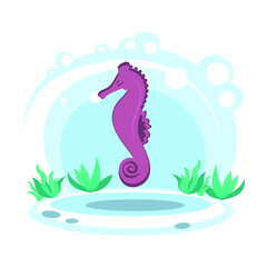 Fototapeta premium Cartoon cute pink seahorse. Wild sea animal. Stylized character in the location of the sea or ocean. simplified style. Vector stock illustration. educational card for children. Wildlife. aquarium 