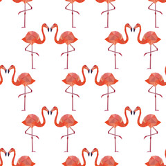 Seamless background with pairs of flamingo in low poly style.