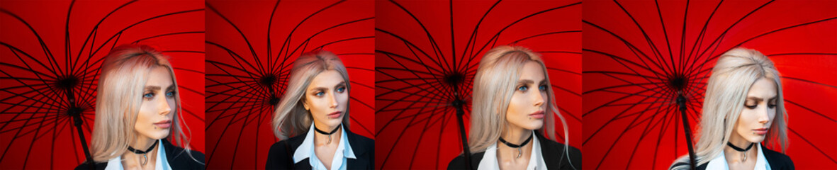 Collage of portraits, of young beautiful blonde girl, wearing black and white suit with choker on neck on background of red umbrella. Panoramic banner view.