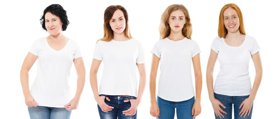 Womens in empty white t-shirts mock up isolated on white background. Many girls womens in t shirt copy space
