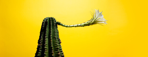 Panoramic banner view; close-up of beautiful blooming white flower of green cactus on background of yellow color.