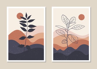 Art landscape wall set. Abstract landscape design for covers, posters, prints, wall art in a minimalist style. Vector.	