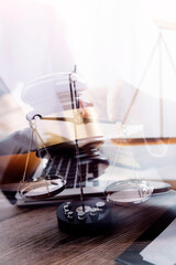 Business and lawyers discussing contract papers with brass scale on desk in office. Law, legal services, advice, justice and law concept picture with film grain effect