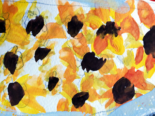 Floral swirl brushstroke paints mixed on white paper. Art education for children. Painting texture of yellow and orange flower pattern. Hand drawn picture created by toddler