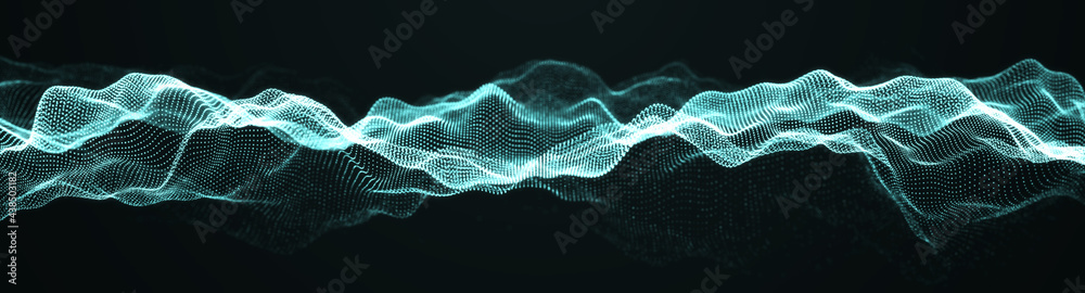 Poster Abstract background of points. Wave of particles. Network. Cyber structure. Big data stream. 3d rendering