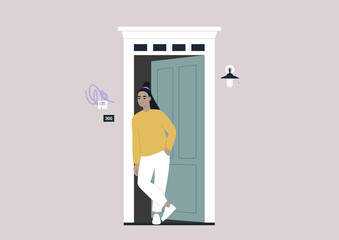 A young female Asian character standing outside their entrance door, apartment renting theme
