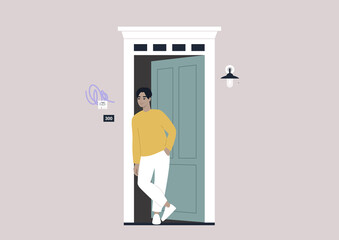 A young male Asian character standing outside their entrance door, apartment renting theme
