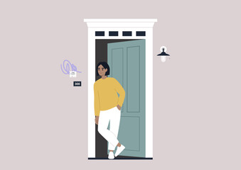 A young female character standing outside their entrance door, apartment renting theme