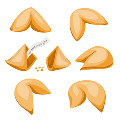 Food Vector Set. Sweet Pastries. Chinese fortune cookies and crushed. Fortune cookie with note inside. Flat style