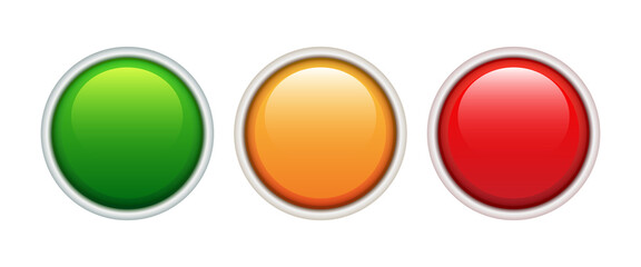 Three round blank buttons. Green, orange and red buttons. Vector 3d illustration isolated on white background.