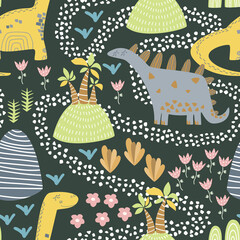 Childish seamless pattern with hand drawn dino in scandinavian style.