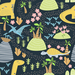 Childish seamless pattern with hand drawn dino in scandinavian style.