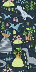 Childish seamless pattern with hand drawn dino in scandinavian style.