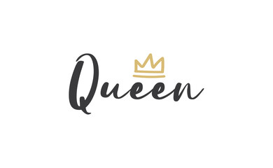 Fototapeta premium Queen word lettering with gold doodle crown. Vector illustration, calligraphic style text.