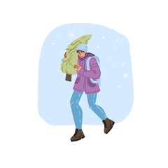 Flat cartoon happy character carry christmas tree - merry Xmas,happy New Year holiday concept