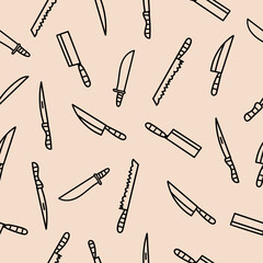 Dotwork Kitchen Knife Seamless Pattern. Vector Illustration of Tattoo Hand Drawn Sketch.