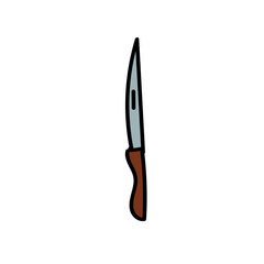 Folding knife. Hand drawn vector illustration in doodle style on white background. Isolated black outline. Camping and tourism equipment.