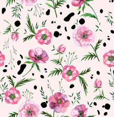 Bright beautiful watercolor modern floral trendy pattern with daisies and black spots on a light pink background.
