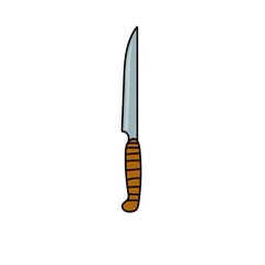 Folding knife. Hand drawn vector illustration in doodle style on white background. Isolated black outline. Camping and tourism equipment.