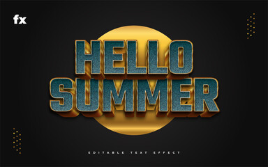 Hello Summer Text in Blue and Gold with Embossed and Textured Effect. Editable Text Style Effect