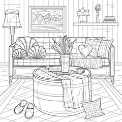 Interior. Room with sofa.Coloring book antistress for children and adults. Illustration isolated on white background.Zen-tangle style. Hand draw