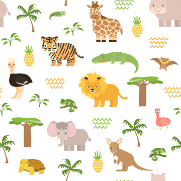 Safari summer animals seamless pattern. Cute vector chameleon, crocodile, lion, tiger, elephant, flamingo, giraffe, bat, kangaroo, ostrich, baobab, palm, plants