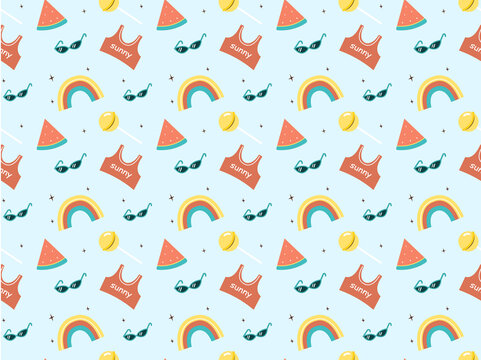 Summer vibes concept. Colorful beach pattern with cartoon elements