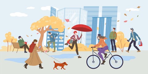 Vector flat cartoon characters doing autumn activities and walking outdoor in city - fashion,emotions,healthy lifestyle social concept