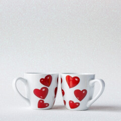 Two cute cups with hearts, shiny bright background, decorative layout, love concept, romantic mood, place for text